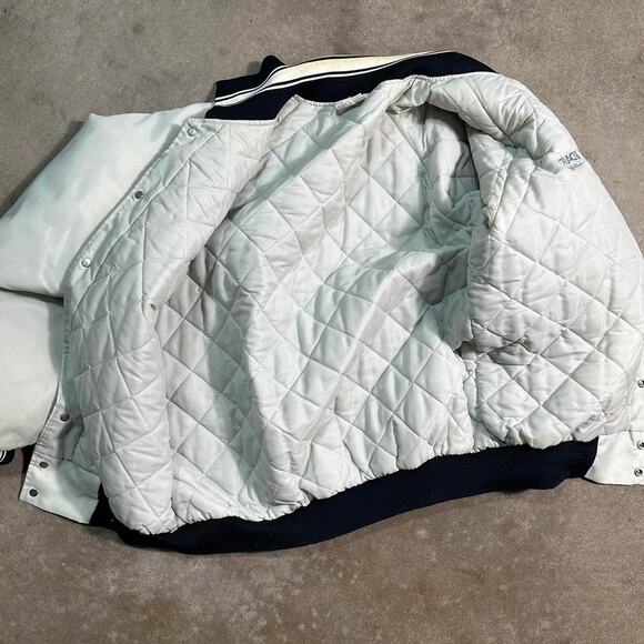 Vintage 90s Satin Varsity Company Jacket White Navy Blue Full Button Up Coat - Picture 5 of 8